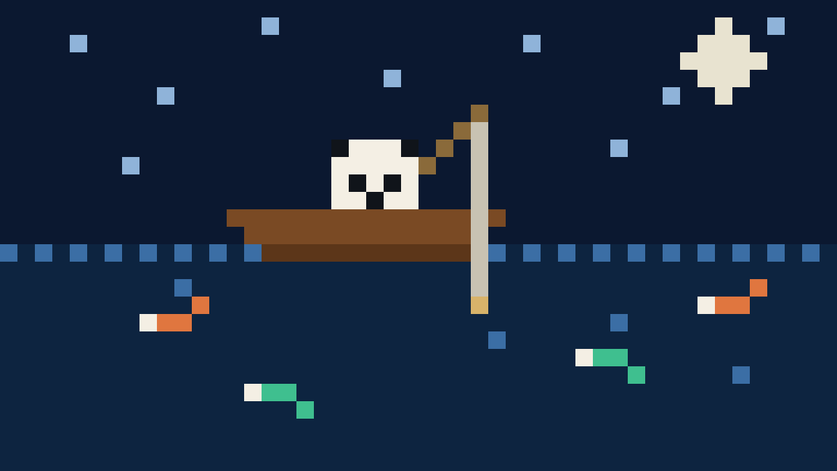 Fish & Ships teaser — the pixel panda fishing from a small boat at night, fish circling below