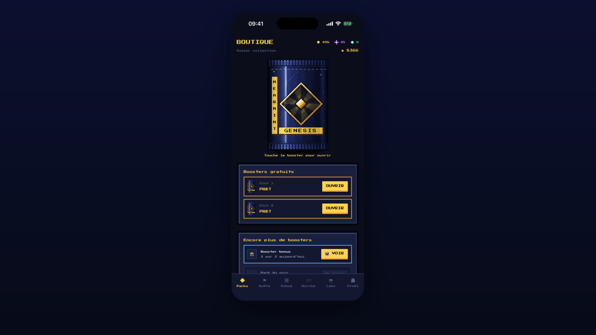 NearMint running on iPhone — the boutique screen with a Genesis booster ready to open